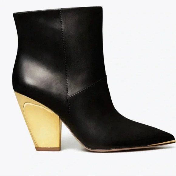 Tory Burch Lila Ankle Boot Black Leather with Gold Heel Size 7 - Picture 1 of 12